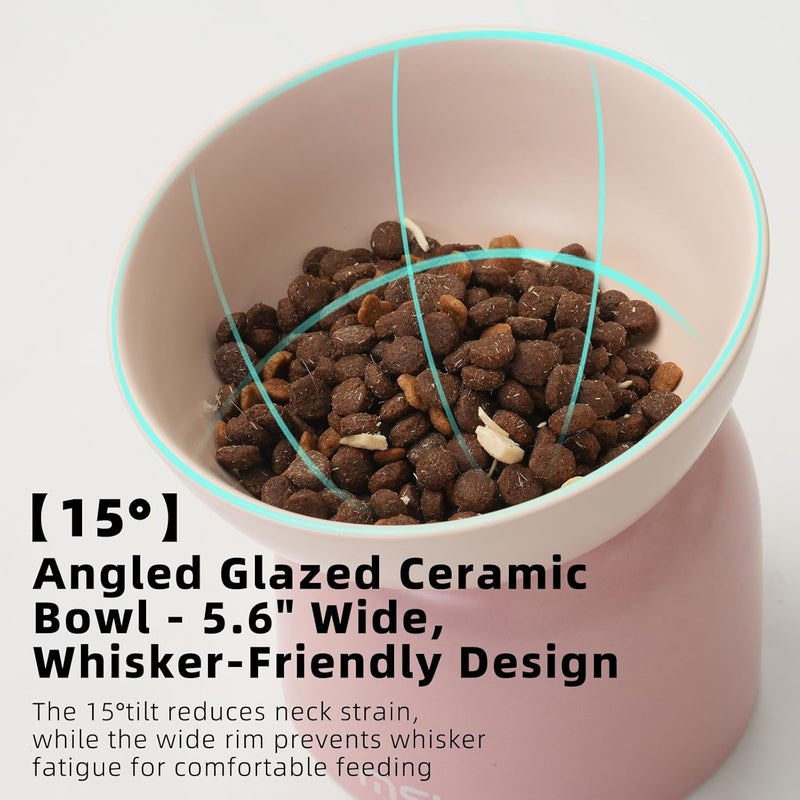 MS!MAKE SURE Elevated Ceramic Cat Food Bowl - 5.5" Wide Dish for Whikser Friendly, 6.6" Height for Easy Feeding, Lead & Cadmium Free, Durable Raised Cat Food Bowls, Pink - Image 3